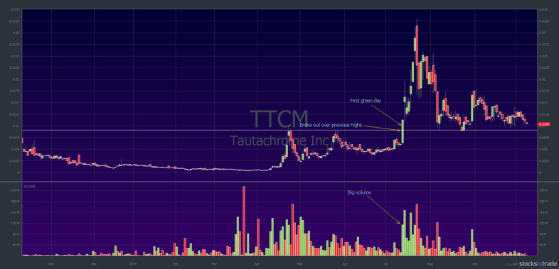 TTCM 1-year chart: first green day, big volume, and breakout over previous highs — courtesy of StocksToTrade.com