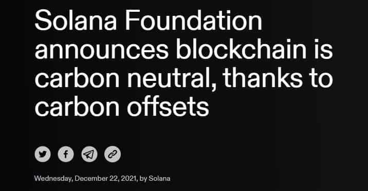 Solana Foundation announces blockchain is carbon neutral, thanks to carbon offsets