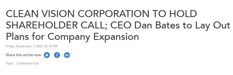 Clear Vision Corp to Hold Shareholder Call; CEO Dan Bates to Lay Out Plans for Company Exapansion